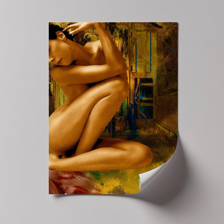Golden Solitude – Abstract Nude Woman in Crouched Pose Canvas Print - MyPhotoStation