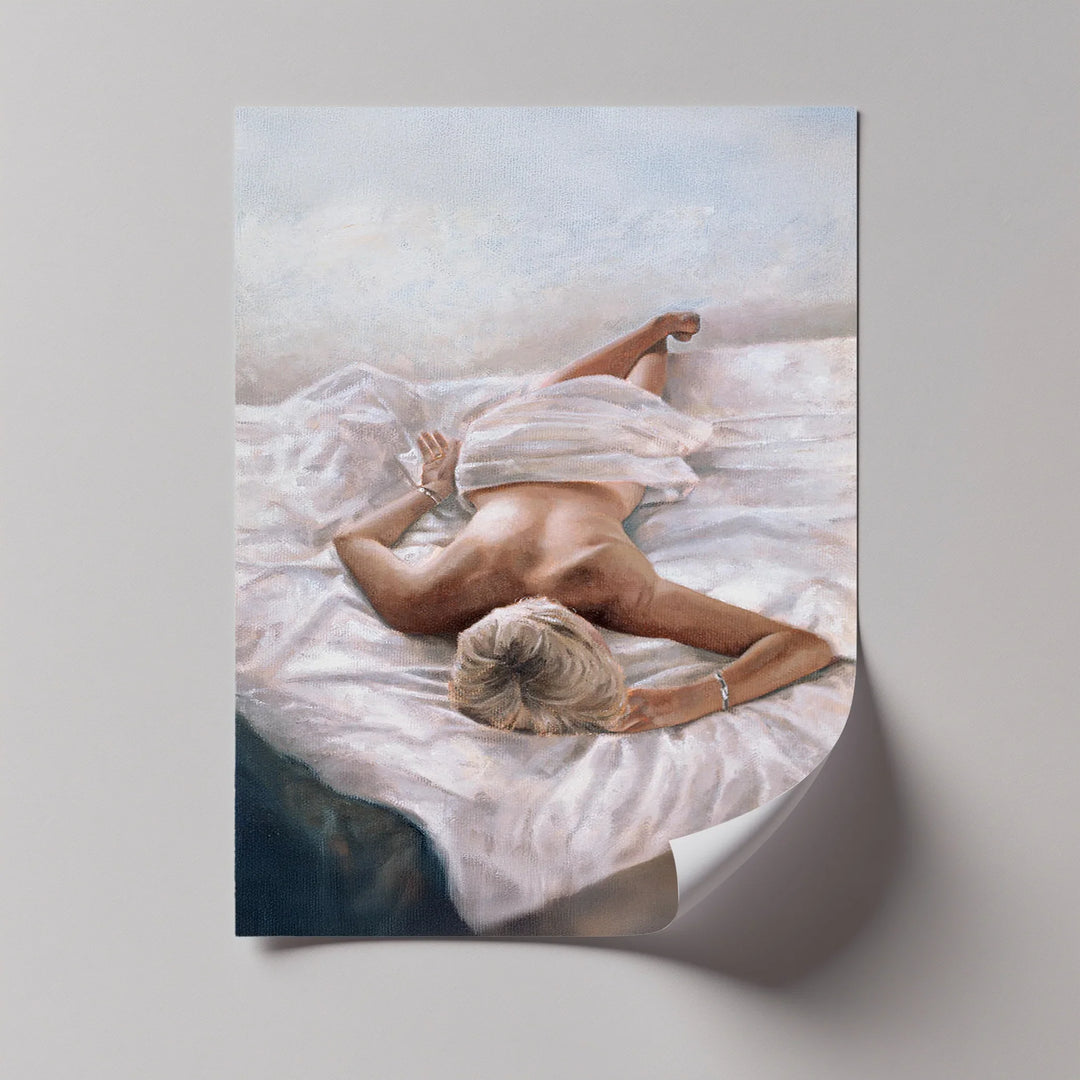 Quiet Morning – Reclining Nude on White Sheets Canvas Print - MyPhotoStation