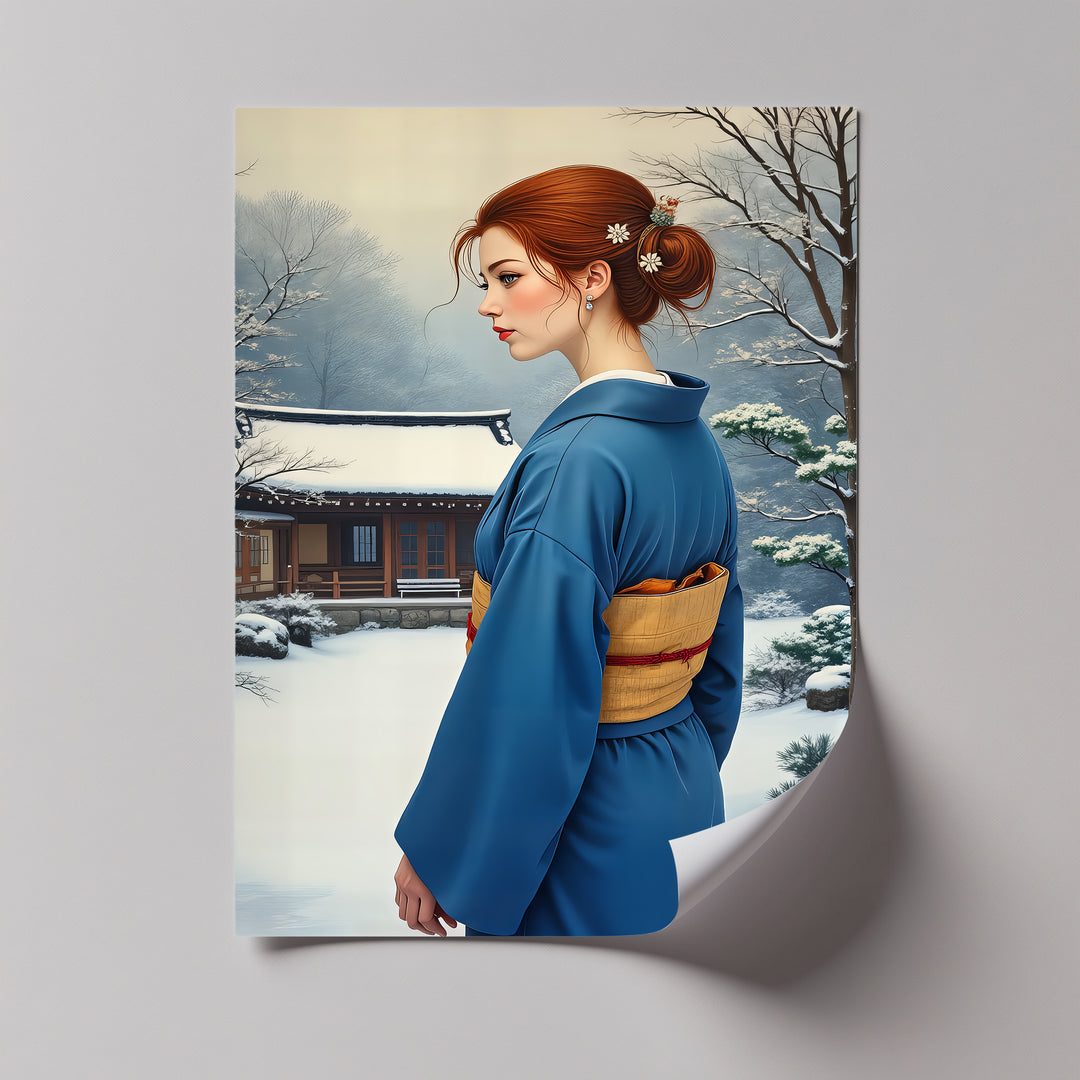 Winter Serenity – Japanese Woman in Blue Kimono Canvas Print | Framed Art