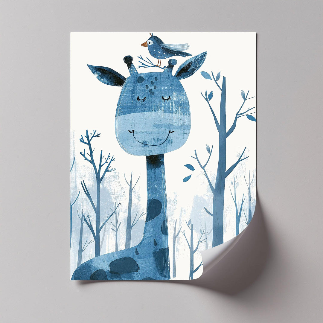 Whimsical Giraffe & Bird in Blue Forest – Kids Animal Blue Canvas Prints - MyPhotoStation