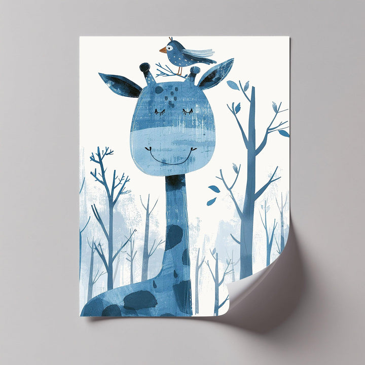 Whimsical Giraffe & Bird in Blue Forest – Kids Animal Blue Canvas Prints - MyPhotoStation