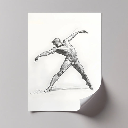 Cool-toned, monochromatic framed canvas print features a dynamic sketch of a male nude figure, providing subtle contrast between the figure and the bright white background.