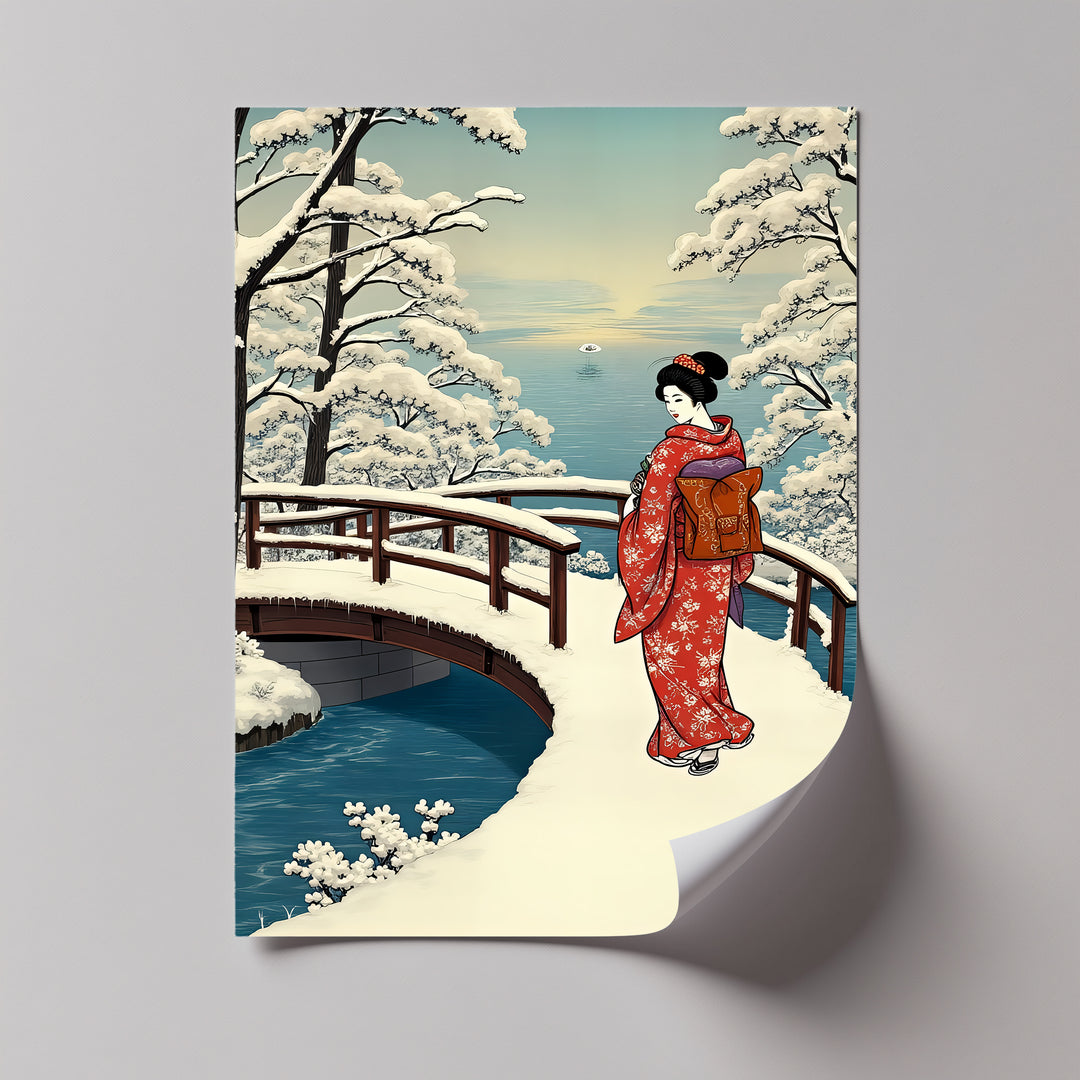 Snowy Bridge Serenity – Japanese Geisha Winter Canvas Print | Framed Art