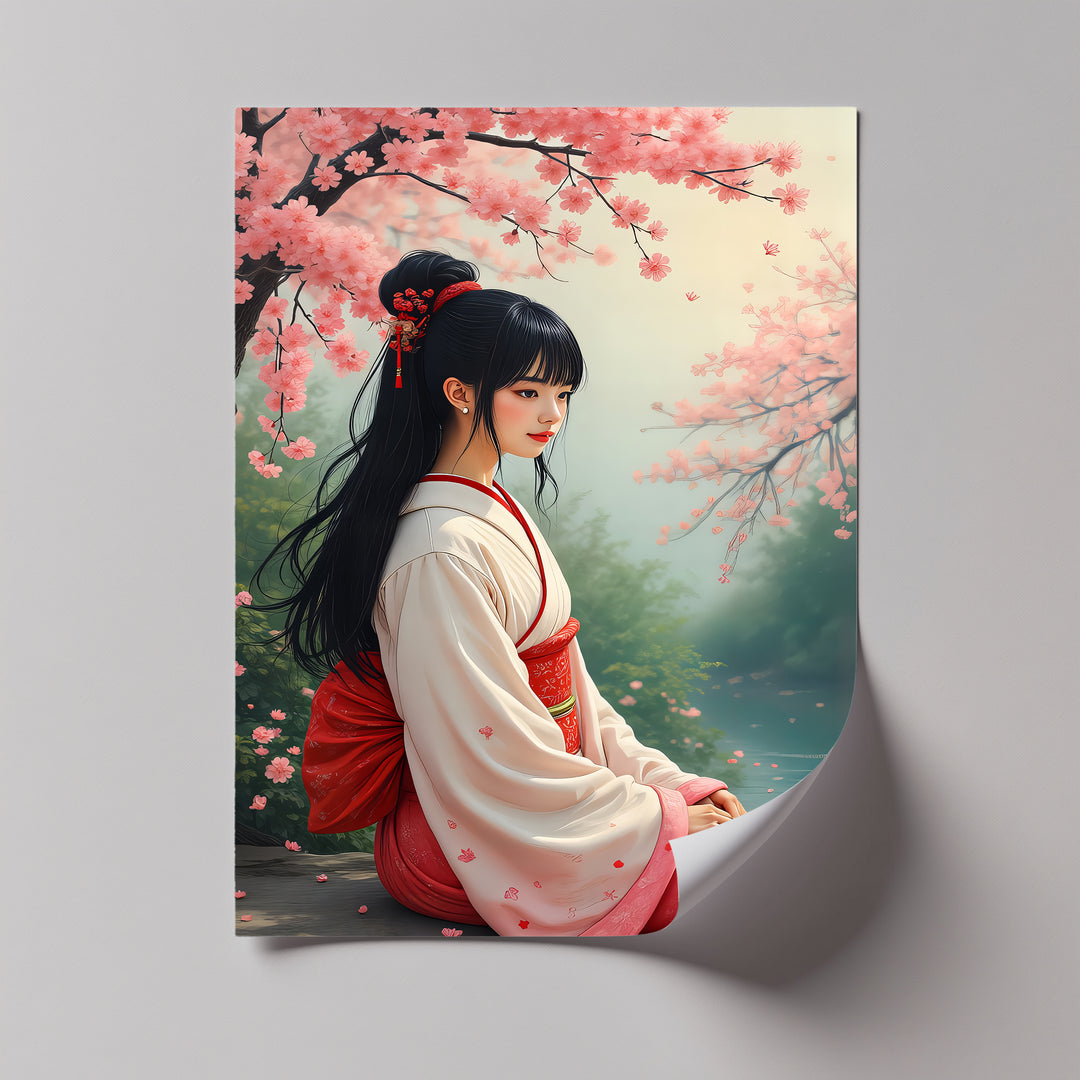 Blossom Grace – Japanese Woman Under Sakura Canvas Print | Framed Art