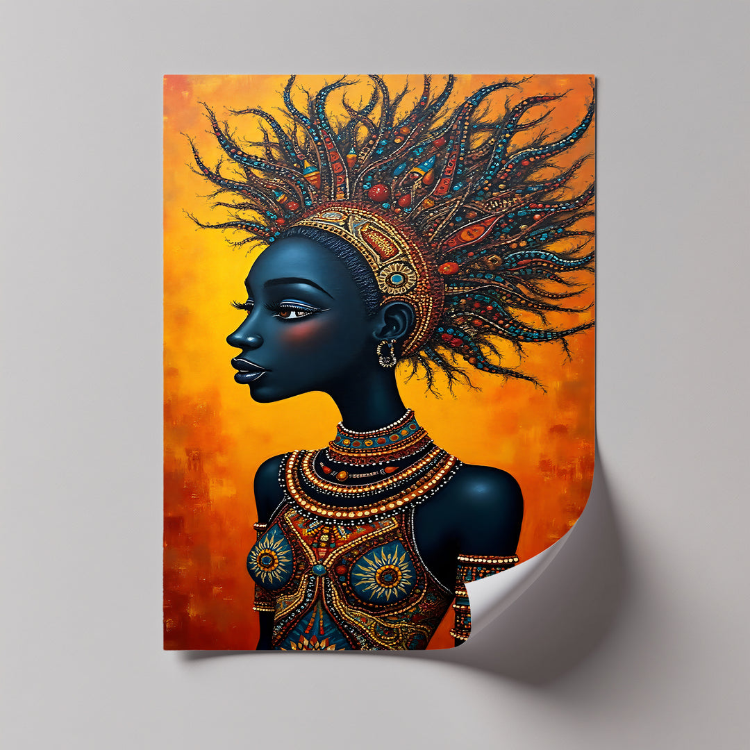 Regal African Queen – Beaded Tribal Portrait Canvas Wall Art | Framed Art