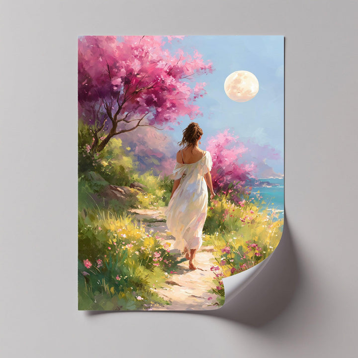 Moonlit Garden Stroll – Romantic Woman in Blossoming Landscape Canvas Print - MyPhotoStation