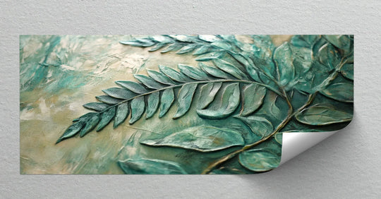 Foreground detail showcases the exquisite texture of this emerald green botanical relief canvas painting, adding dimension to the serene nature-inspired canvas print.