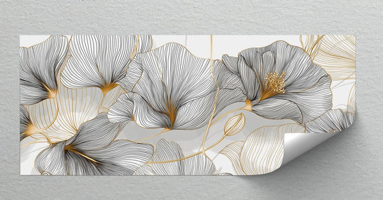 Negative space highlights the floral canvas art, where golden contours bloom amidst minimal lines, creating a striking effect.