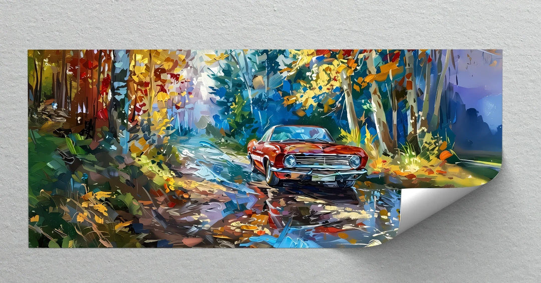 Autumn Drive Through the Forest – Red Muscle Car Canvas Print