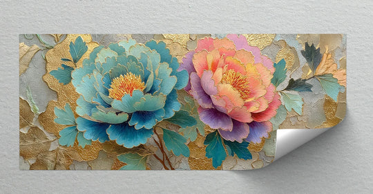Foreground details highlight the radiant peony elegance canvas print, showcasing the best canvas prints with gold embellishments and textured floral artistry.