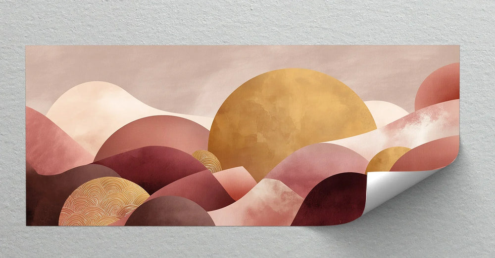 Modern geometric landscape canvas art in pink beige and mustard palette

