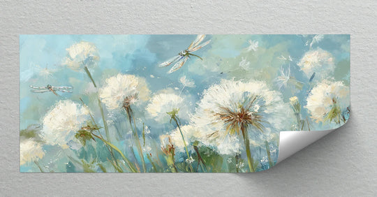 Quality materials showcase this dandelion meadow canvas print as a unique canvas print with a soft texture, providing a gentle and ethereal look to the dreamy scene.