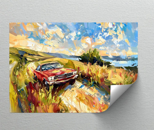 Close-up, textured strokes define the foreground detail of this vibrant car canvas print, adding depth and movement to this hanging canvas of a red muscle car.