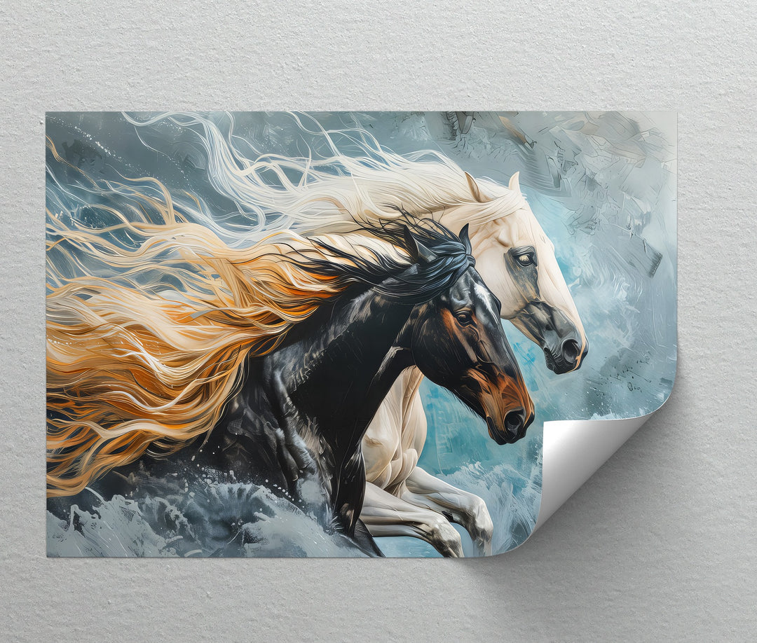 Tempest Charge – Black and White Stallions Abstract Canvas Print