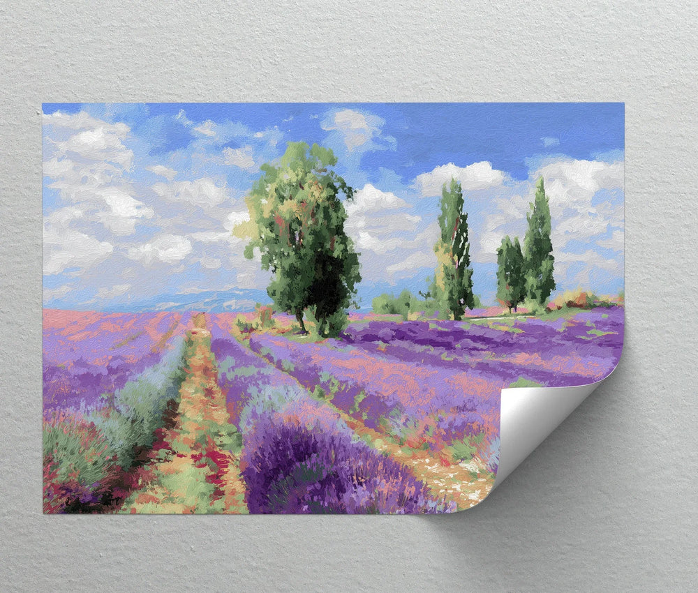 Blooming purple landscape artwork on canvas for countryside charm

