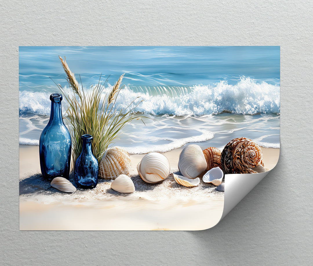 Blue Bottles and Seashells on Seashore - Canvas Print