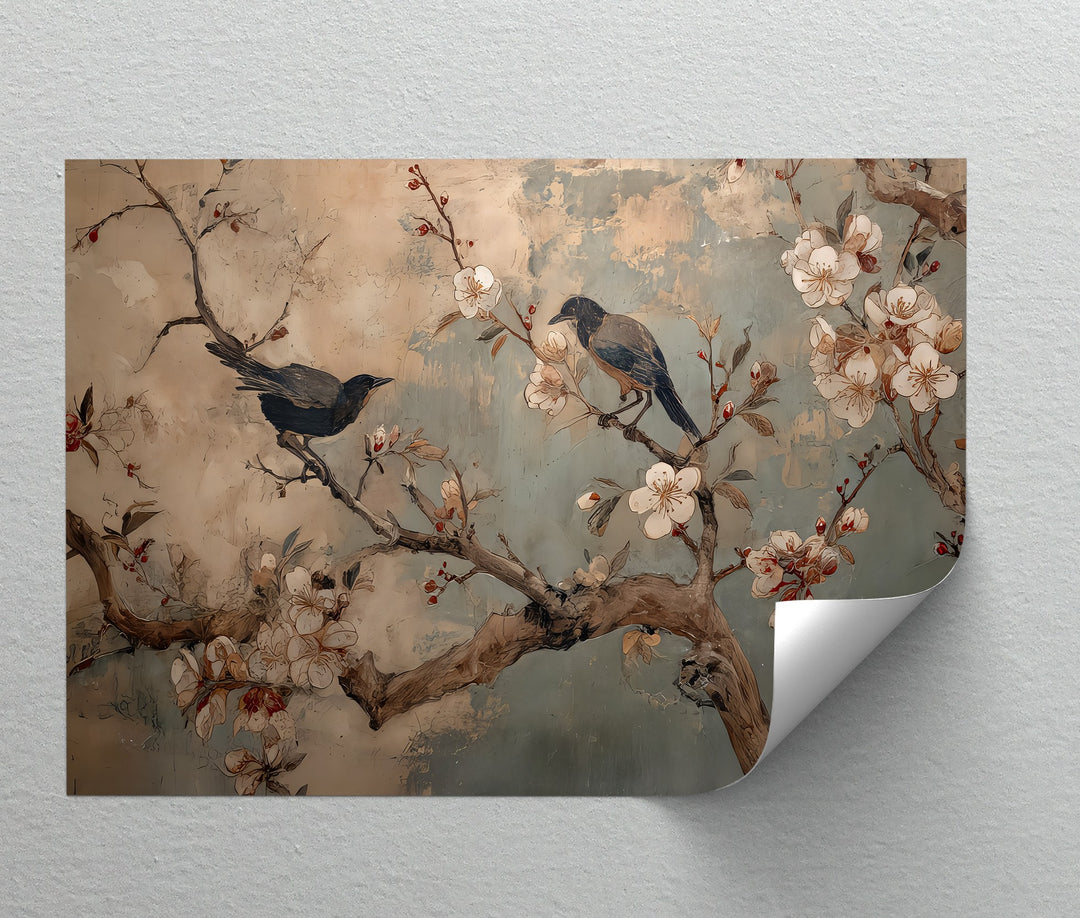 Vintage Cherry Blossom Bird Mural Botanical Canvas Art | Large Canvas