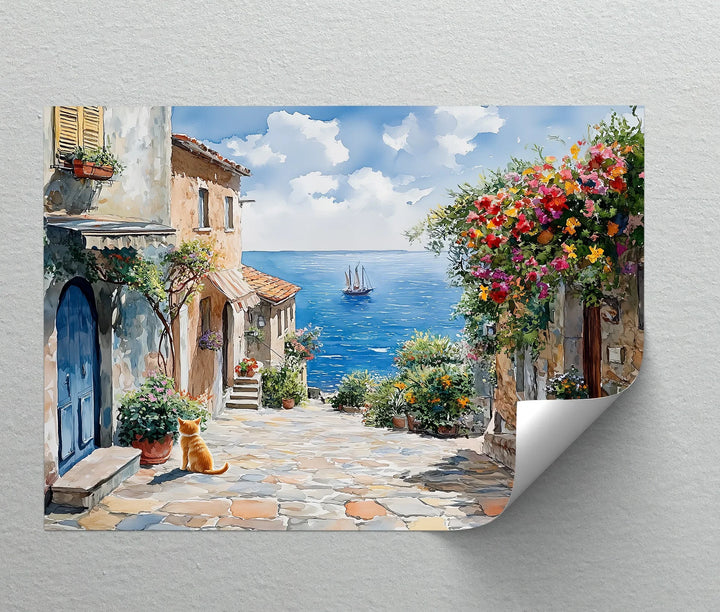 Mediterranean Daydream – Seaside Street with Cat Canvas Print - MyPhotoStation