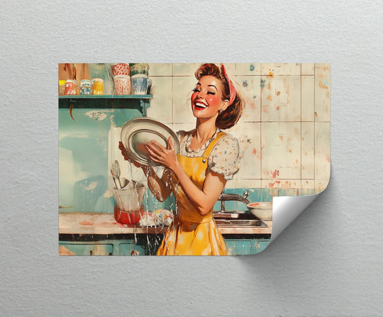 Horizontal Cheerful Retro Dishwashing premium canvas decor presents a rectangular shape, ideal for adding vintage charm to any kitchen with its canvas print.