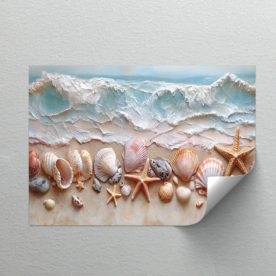 Subtle light and shadow interplay accentuates the textured details in this framed canvas, depicting a seashell shoreline display with crashing waves.