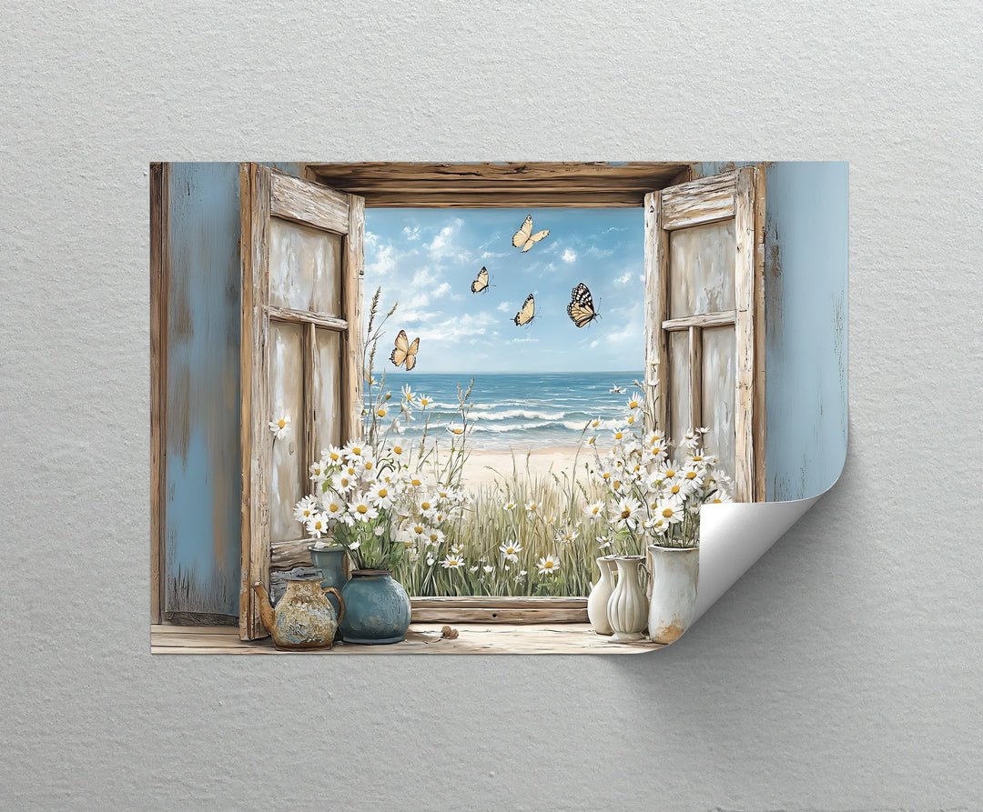 Butterflies by the Shore – Vintage Window View Kitchen Canvas Print - MyPhotoStation