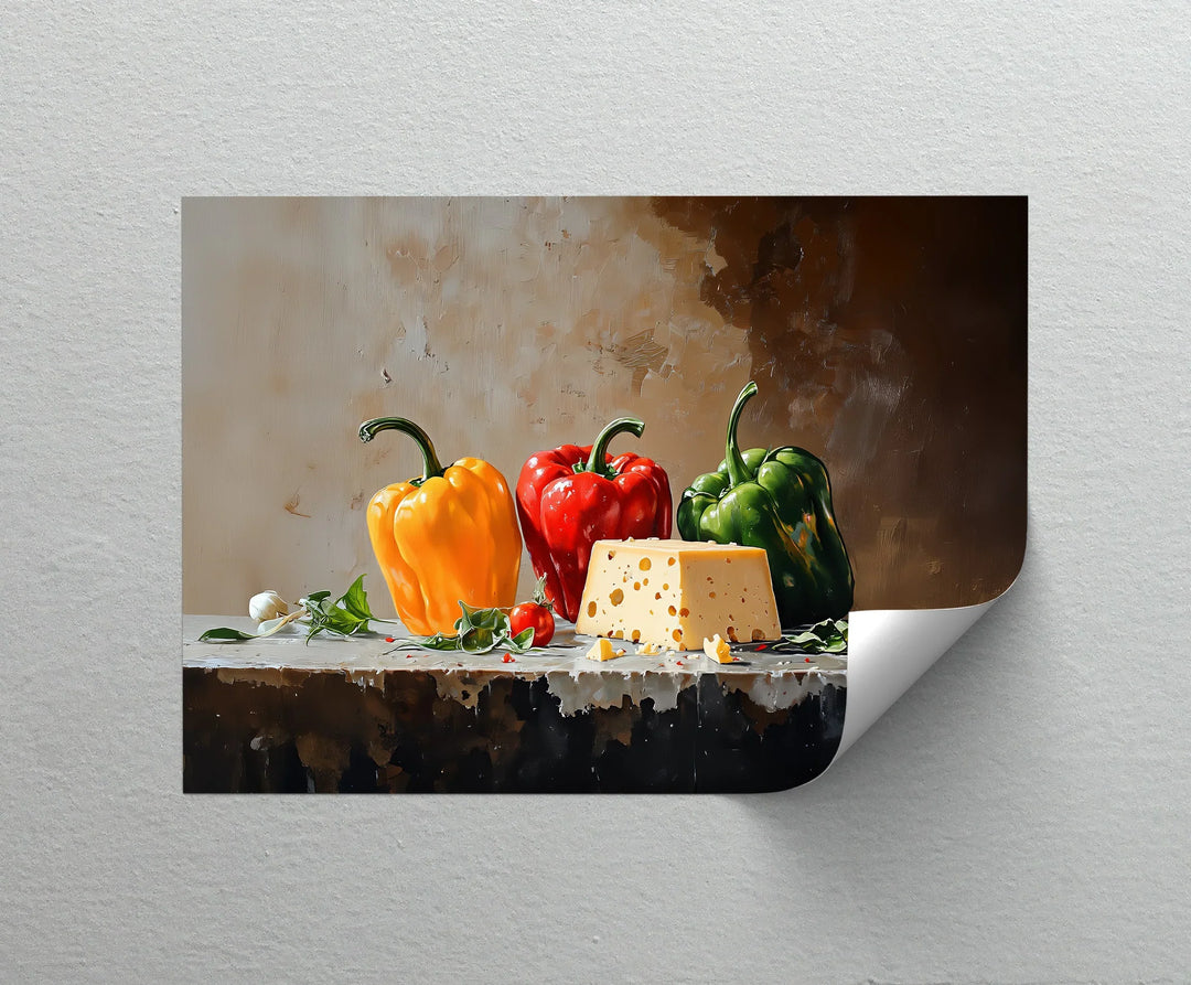 Colorful Bell Peppers & Cheese – Rustic Kitchen Canvas Print - MyPhotoStation
