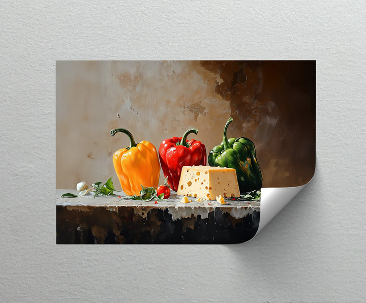 Colorful Bell Peppers & Cheese – Rustic Kitchen Canvas Print - MyPhotoStation