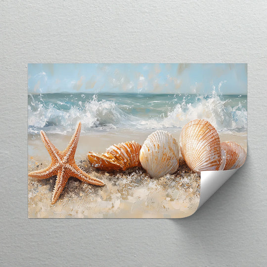 Color contrast enhances the seascape big canvas prints showcasing a starfish and seashells on a sandy beach where the surf meets the shore.