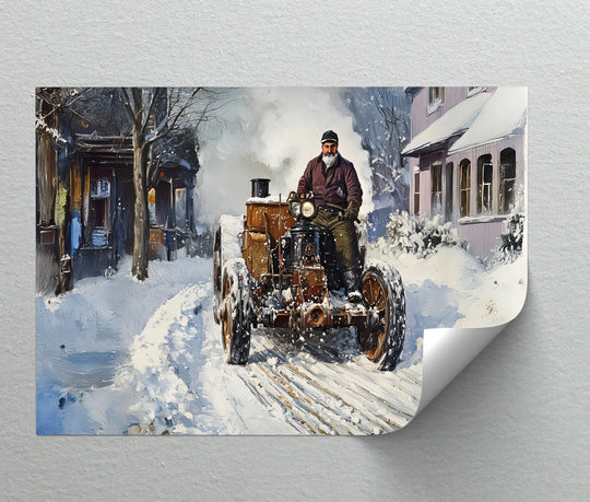 Darkest depths outline a nostalgic village scene from a high quality canvas prints, highlighting a vintage tractor and the figure braving a snowbound journey.