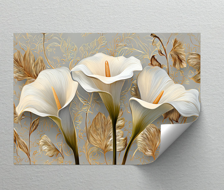 Golden Elegance – White Calla Lilies on Grey Floral Canvas Print