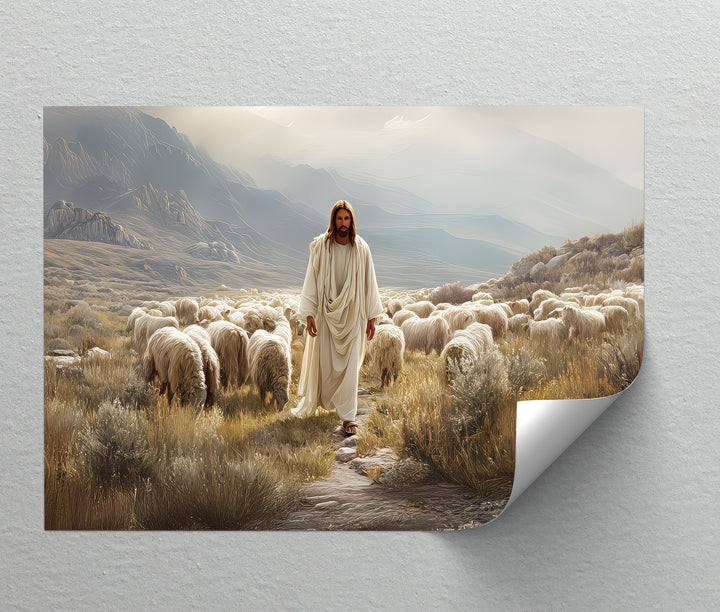 Jesus with Sheep in Mountain Valley - Religious Canvas Print