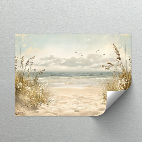 Depicting the darkest area, this canvas artwork shows a sandy seaside beach path edged with tall grasses and a calm ocean horizon under a cloudy sky.