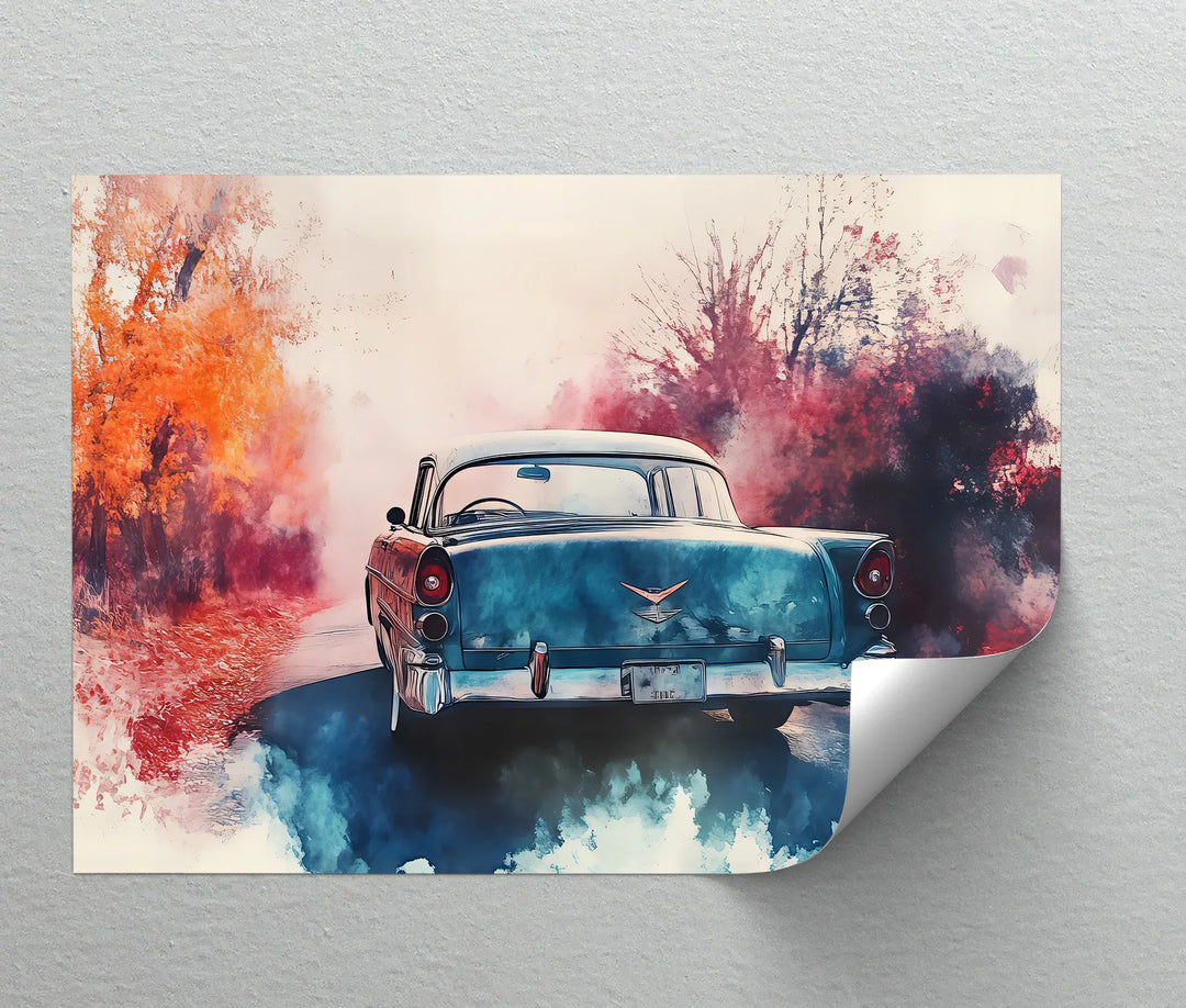 Retro Teal Classic Car Surrounded by Autumn Haze – Car Canvas Print