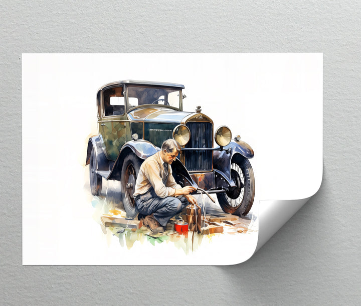 Vintage Car Mechanic Scene – Car Canvas Print