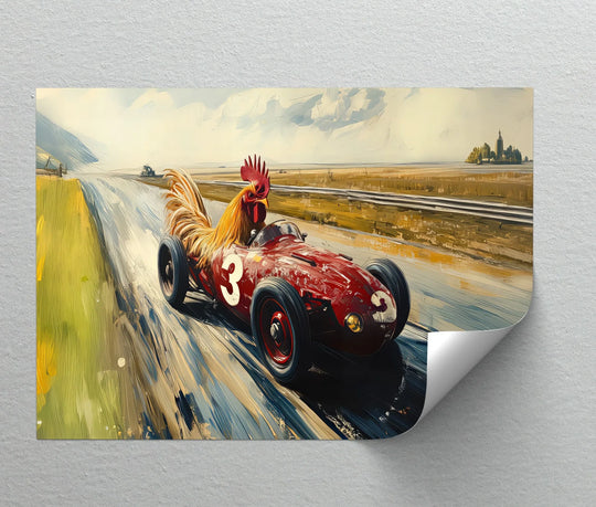 Brightest canvas artwork showcases a vibrant, rooster-headed driver in a red vintage car racing towards the horizon in this 'Rooster Racer' car canvas print.