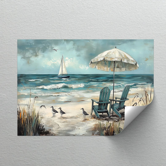 The tranquil brushstrokes of this canvas painting bring a soft, serene essence to the beach scene, featuring sailboats, chairs, and gentle ocean waves.