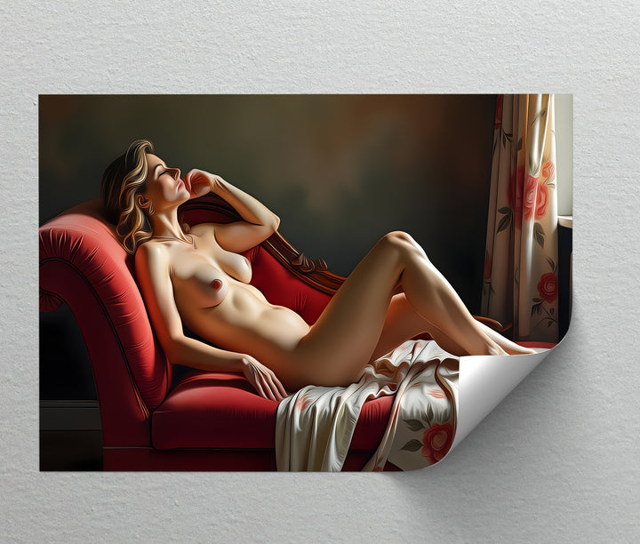 Reclining Nude on Red Chaise - Erotic Canvas Wall Art | Large Art