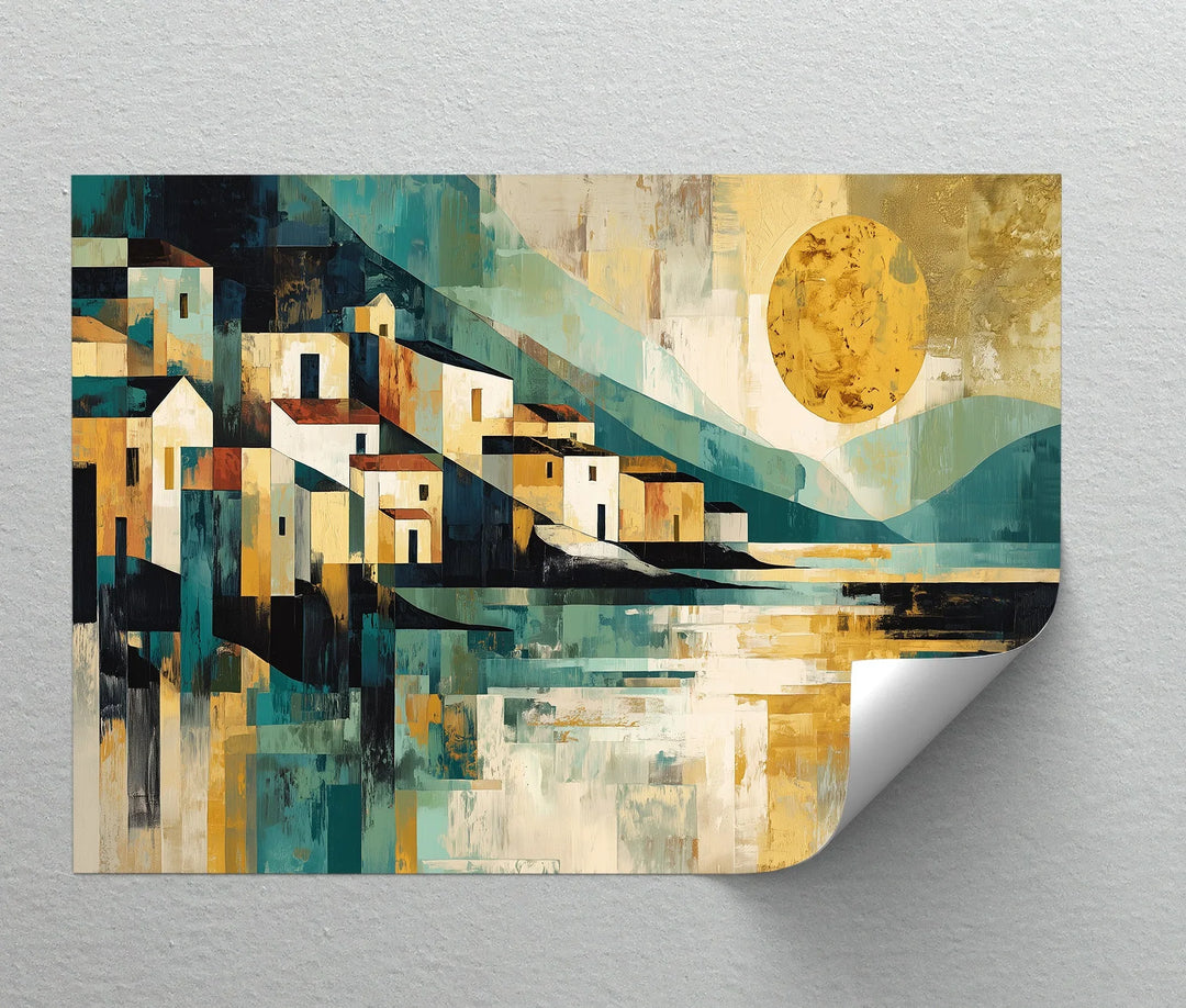 Modern abstract landscape with sunlit village by the water

