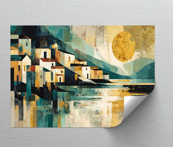 Modern abstract landscape with sunlit village by the water


