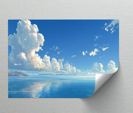 High color saturation enhances the beautiful, unique canvas print featuring an idyllic seascape with fluffy clouds and serene blue skies.
