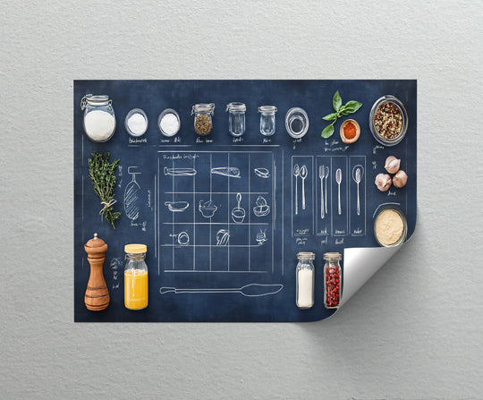 The transition between navy and off-white creates a dynamic backdrop for this kitchen tools and herbs chalkboard design, offering premium canvas decor for a culinary-themed space.