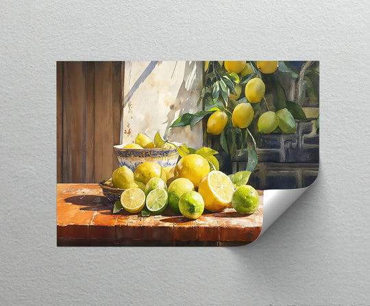 Crisp canvas artwork finish of a sunlit citrus still life features lemons and limes, perfect for a Mediterranean kitchen canvas print.