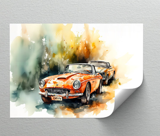 Negative space accentuates the watercolor style of the unique canvas print, showcasing two orange convertible classic cars in a stylish, vintage composition.