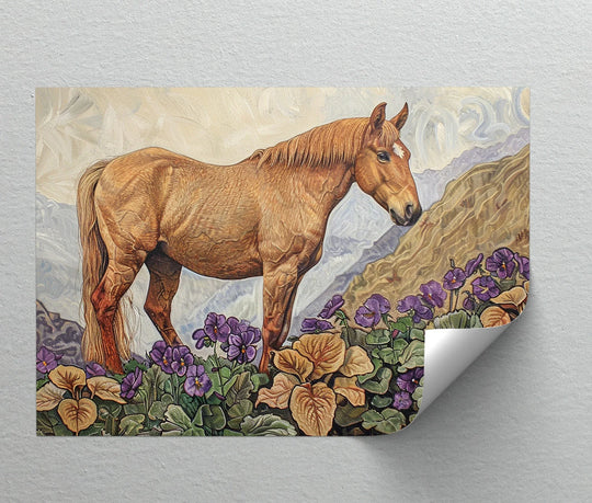 Peaceful mood emanates from the Golden Serenity big canvas prints, portraying a tranquil horse among violet blossoms for a calming, rustic charm.