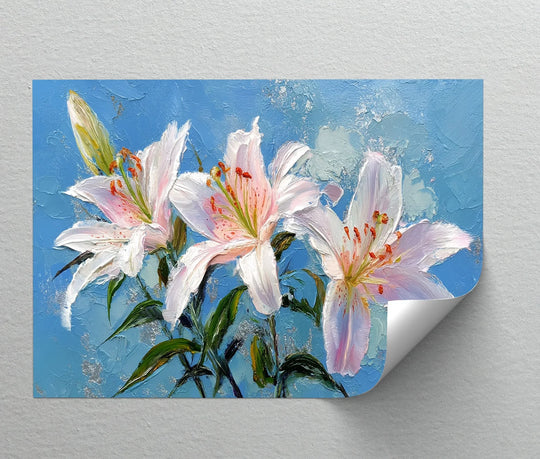 Bright azure negative space surrounds three blooming stargazer lilies, highlighting the delicate petals and making this floral canvas art pop as a stunning piece of canvas art.