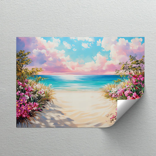 Serene tropical canvas print evokes a peaceful mood with its floral path leading to a tranquil sea, a perfect hanging canvas for relaxed spaces.
