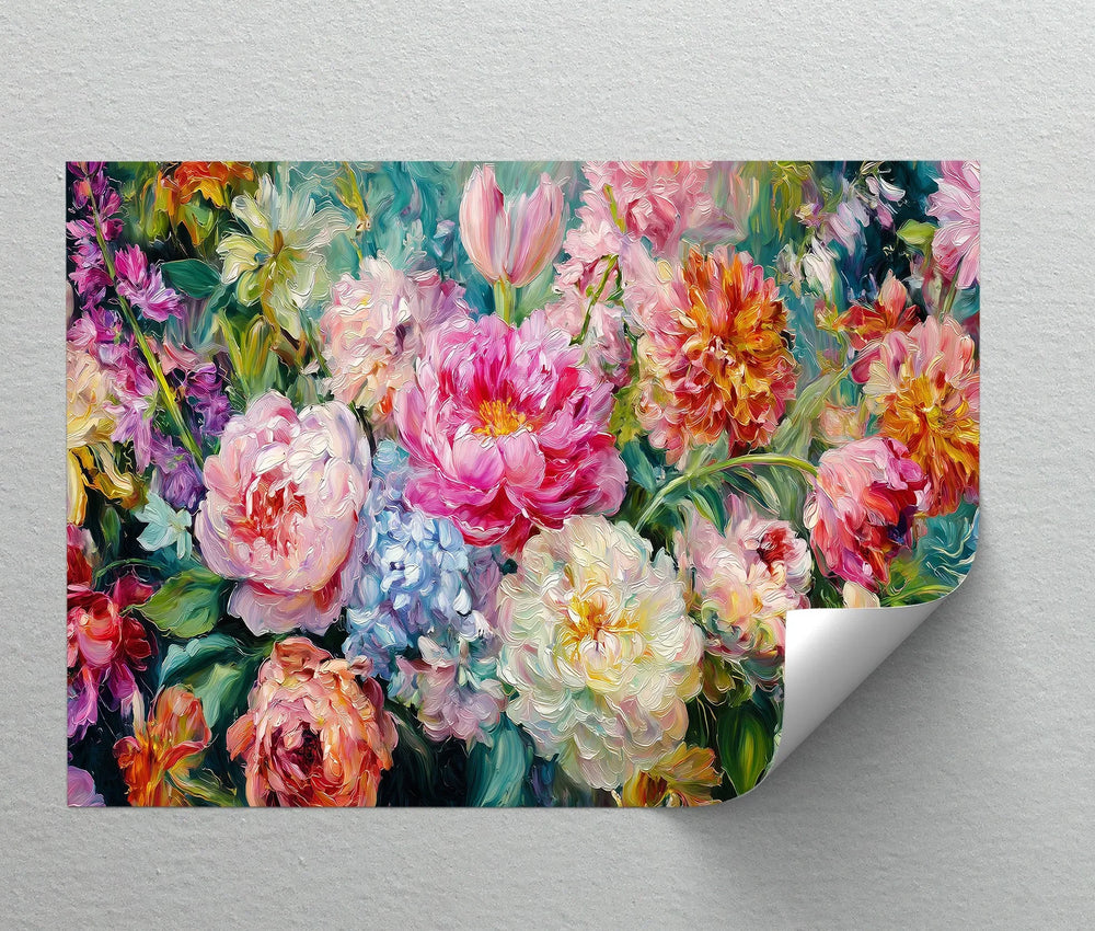Bright flower wall art featuring painterly petals in pink orange and blue tones

