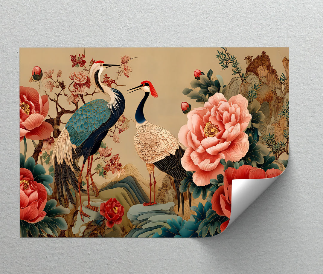 Cranes and Peonies Oriental - Canvas Wall Art | Large Canvas