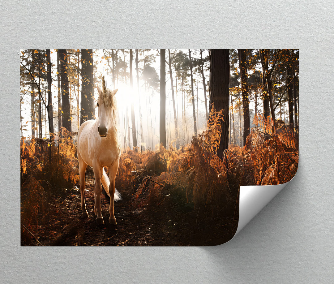 Enchanted Light – White Unicorn in Autumn Forest Canvas Print