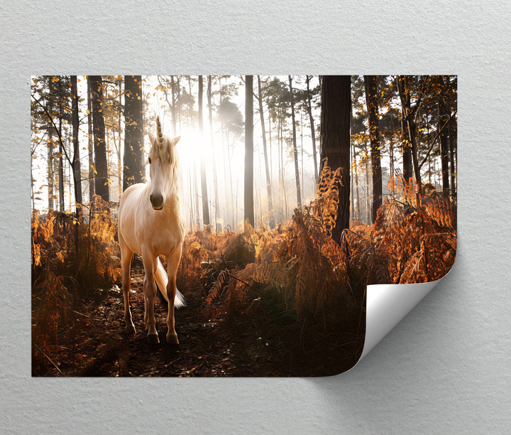 Enchanted Light – White Unicorn in Autumn Forest Canvas Print
